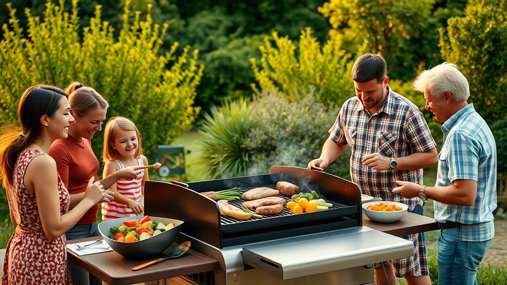 Family gathering around a hybrid grill with vegetables and lean proteins cooking, lush green garden background, golden hour lighting, photorealistic