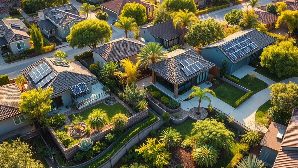 Aerial view of lush green residential neighborhood with modern homes featuring solar panels and rain gardens, morning sunlight illuminating sustainable landscaping with native plants and drought-resistant vegetation