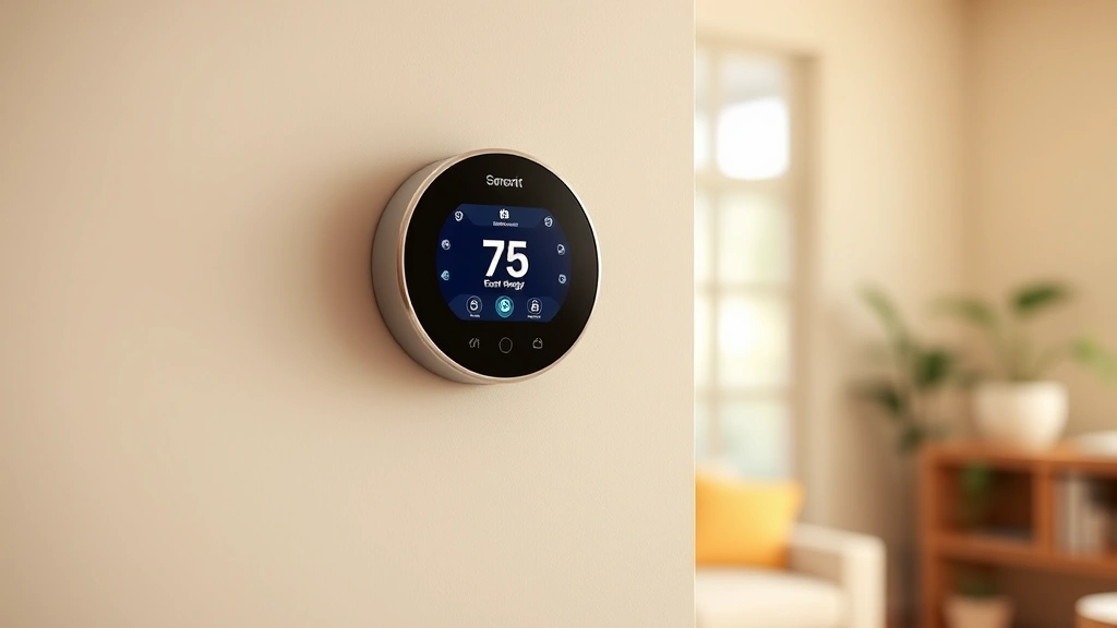 Modern smart home thermostat display mounted on beige wall showing digital temperature controls and energy efficiency indicators, with blurred living room background and natural window lighting