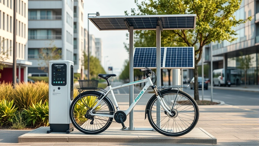 Electric bicycle charging station with sustainable solar panels, modern urban environment, clean modern design, photorealistic, daytime lighting, no text or labels visible