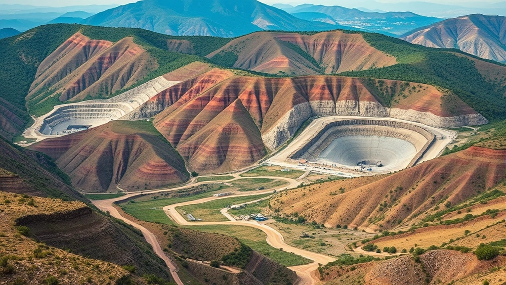 Lithium mining operation landscape showing environmental impact, terraced hillsides, mining equipment, natural terrain, photorealistic documentary style, no visible signage