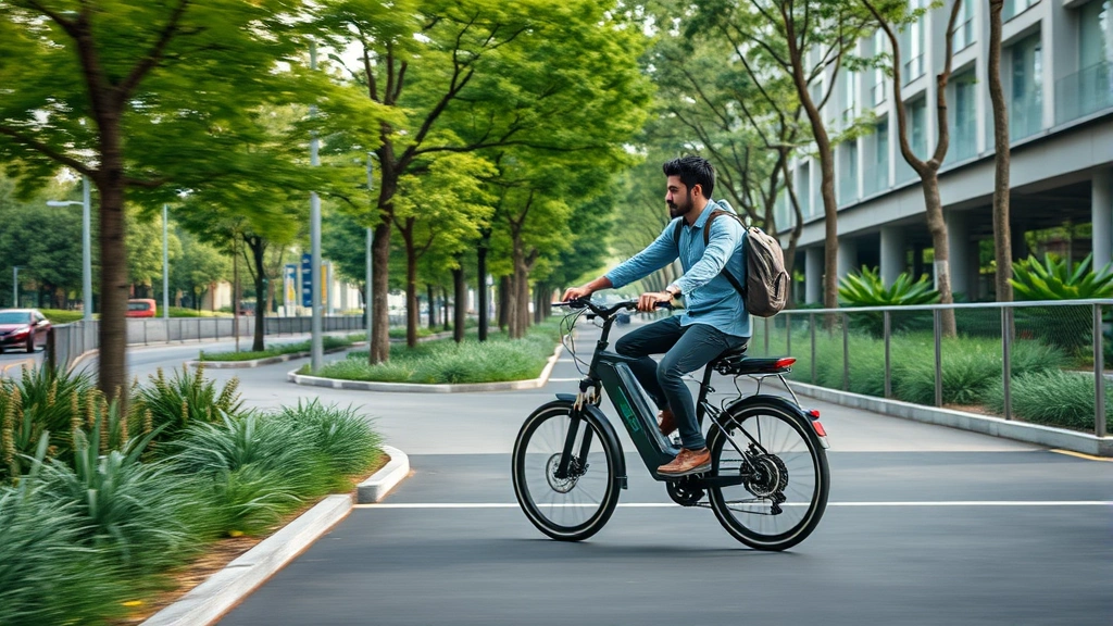 Urban commuter riding sleek electric bike on green city bike path, modern infrastructure, trees and vegetation, clean air aesthetic, photorealistic action shot, no visible text