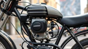 Close-up of a small gasoline engine on a motorized bicycle frame, showing mechanical components and fuel tank, set against blurred urban street background with buildings, photorealistic detail, natural lighting, no labels or text visible