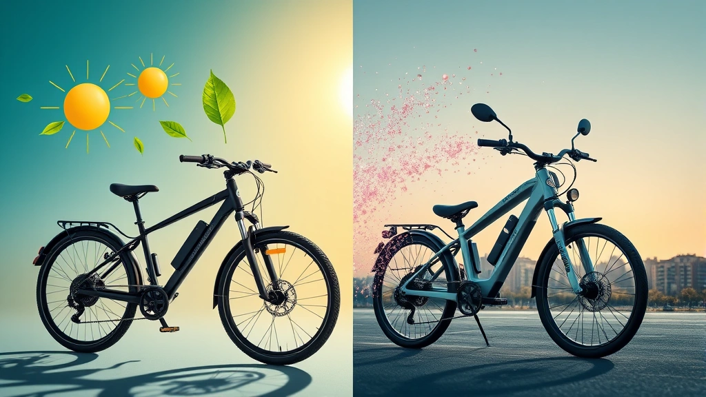 Split-screen comparison showing an electric bicycle on the left with clean energy symbols (solar rays, green leaves) and a gas bike on the right with visible emission particles in the air, photorealistic style, environmental contrast visualization, no text overlays