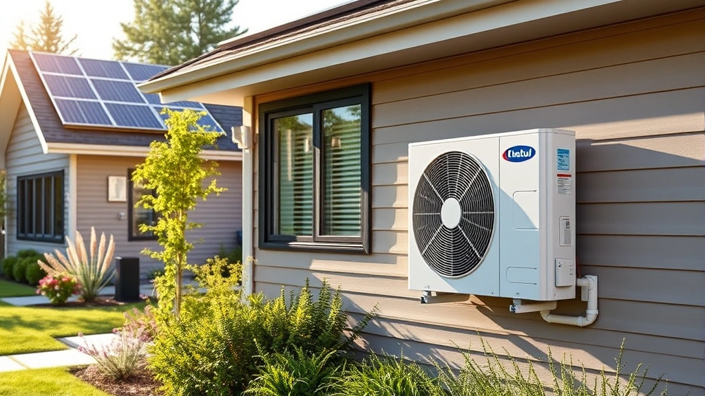 Modern residential heat pump unit installed on exterior wall of contemporary home, surrounded by green landscaping and solar panels visible on roof, morning sunlight, photorealistic, no text or labels