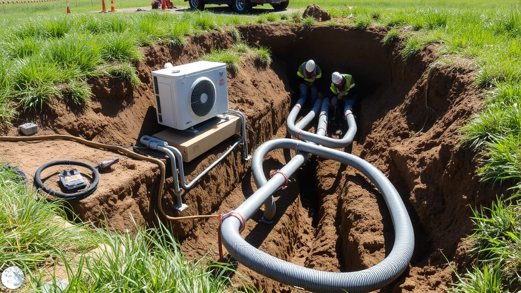 Geothermal heat pump installation showing underground piping system in trench during installation, workers in safety gear, green grass surroundings, clear day, technical but accessible view, no signage