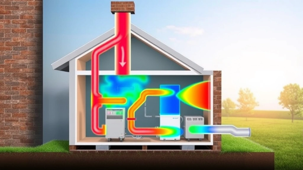 Cross-section illustration style photograph showing energy flow through a heat pump system with thermal imaging visualization, natural colors, educational focus, no text overlays or labels visible