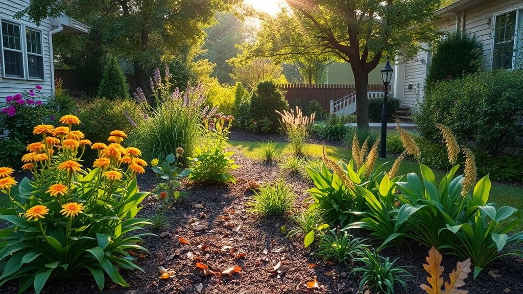 Lush green residential garden with native flowering plants, mulched beds, and autumn leaves naturally decomposing on ground, morning sunlight filtering through trees, peaceful sustainable landscape without any equipment visible