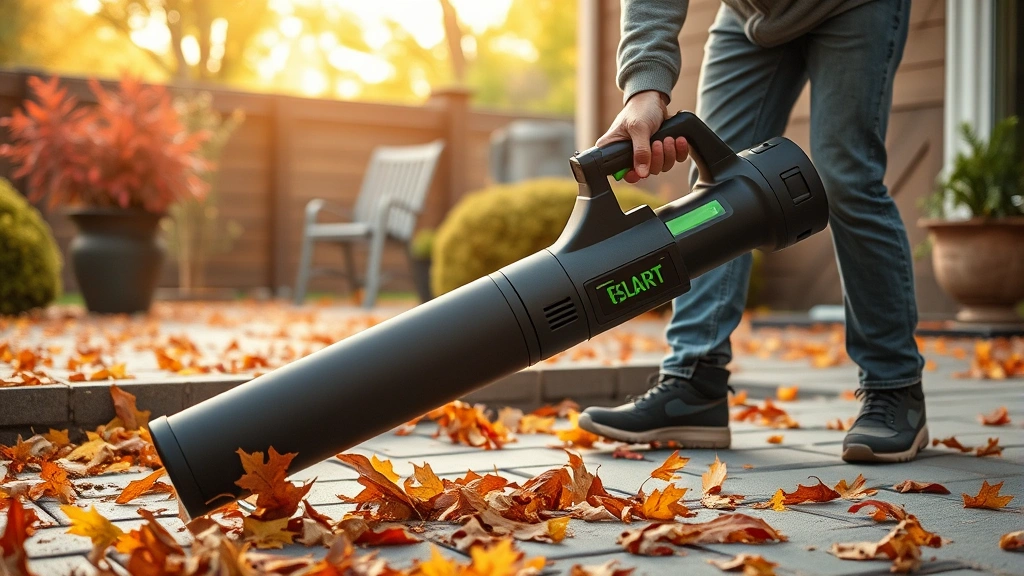 Modern battery-powered electric leaf blower in action clearing debris from patio, vibrant autumn foliage scattered around, clean renewable energy concept, eco-friendly yard maintenance scene with zero emissions