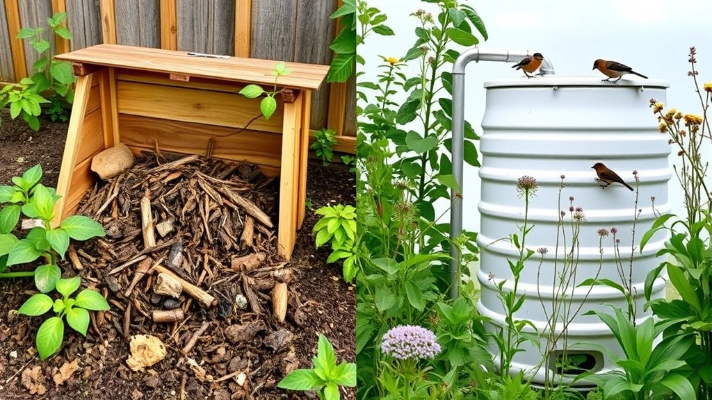 Comparison scene showing sustainable gardening: compost bin with decomposing organic matter, rain barrel collecting water, native plants thriving, natural garden ecosystem with beneficial insects and birds, chemical-free sustainable approach