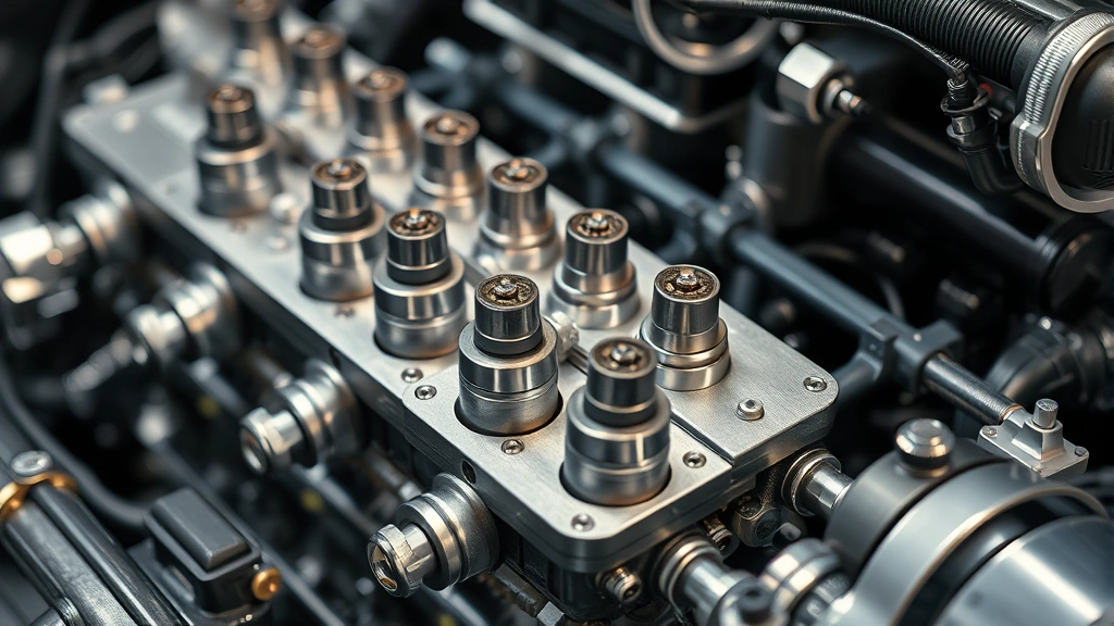 Close-up of modern racing engine with visible fuel injectors and internal components, metallic surfaces gleaming under professional lighting, technical precision engineering