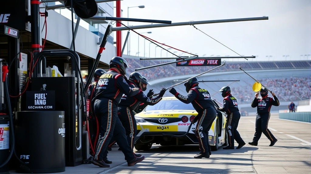NASCAR pit crew performing rapid fuel stop during race weekend, team members in coordinated motion with fuel equipment, organized professional motorsports atmosphere