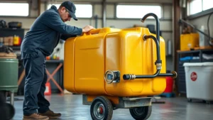 Professional mechanic inspecting a yellow 45-gallon gas caddy with wheels in a well-organized automotive workshop, checking safety valves and seals, natural lighting from garage windows