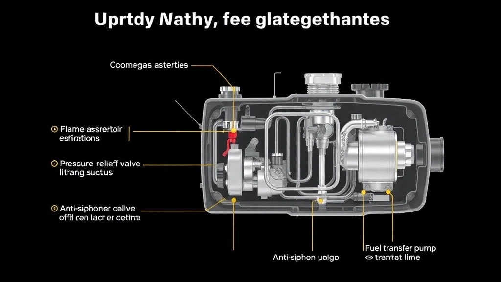Cross-section technical illustration showing internal safety features of a quality gas caddy including flame arrestor, pressure-relief valve, and anti-siphon mechanisms, with fuel transfer pump visible