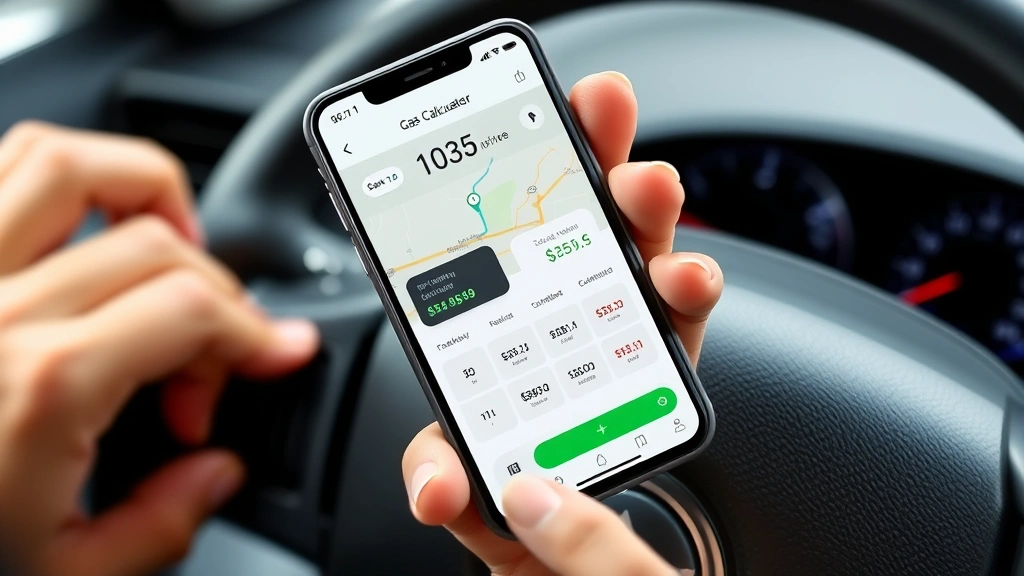Overhead view of a smartphone displaying a digital gas calculator app with route map and fuel cost estimates, sitting on a car dashboard with hands holding the device