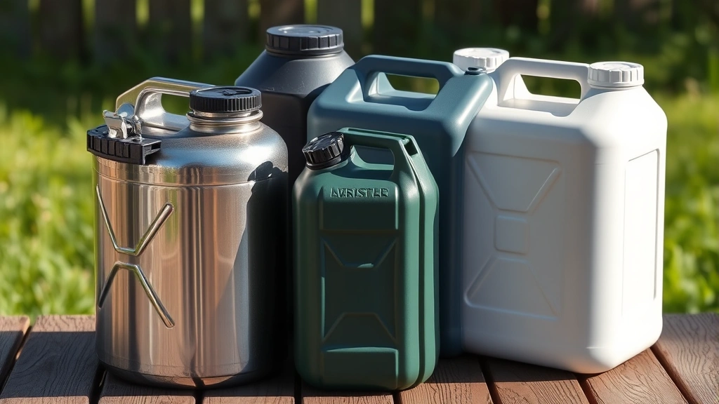 Sustainable fuel storage: stainless steel and recycled plastic 5 gallon gas cans arranged together on wooden surface, natural lighting, showing material quality and durability