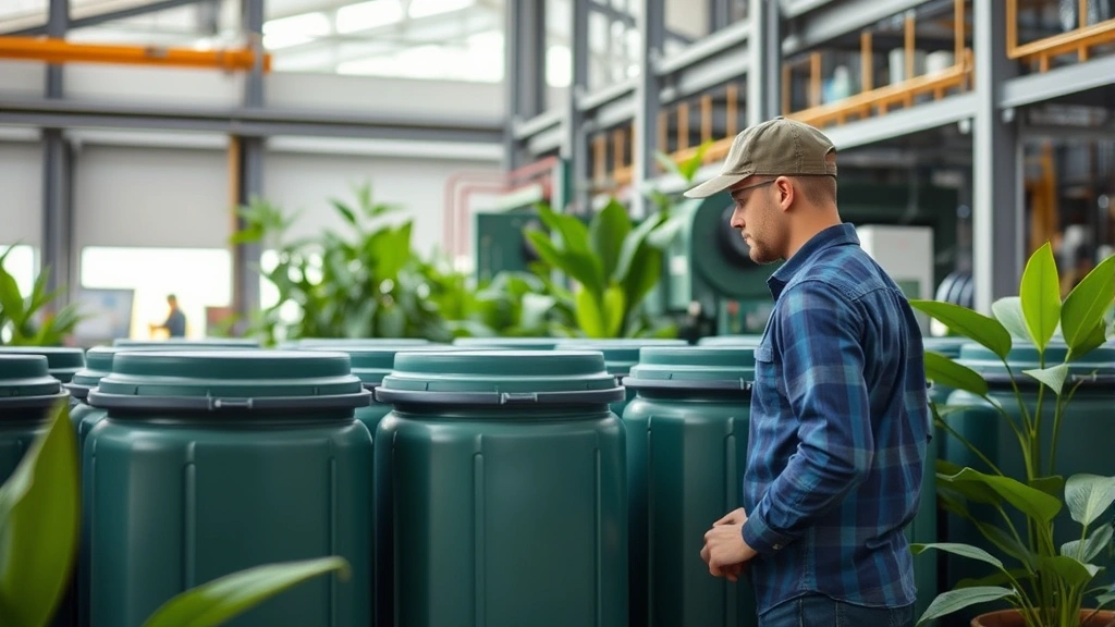 Eco-friendly manufacturing: worker inspecting high-density polyethylene fuel containers in modern sustainable factory facility with green plants and natural light