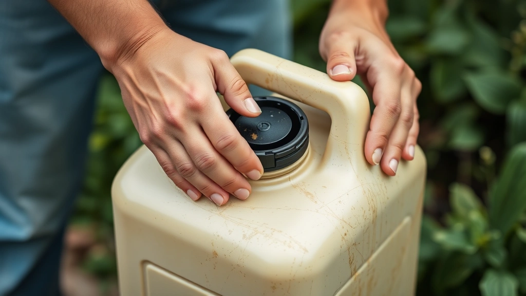 Environmental protection in action: hands properly sealing an eco-certified 5 gallon gas can with advanced gasket system, emphasizing safety and leak prevention technology