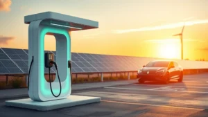 Modern electric vehicle charging station with sleek white design at sunset, renewable energy panels visible in background, no text or signage visible, photorealistic