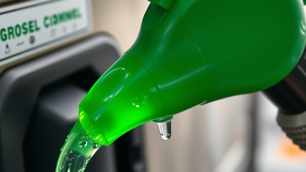 Biodiesel fuel pump nozzle dispensing green-tinted fuel with water droplets, close-up detail shot showing pump handle and hose, professional industrial setting, photorealistic