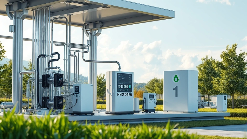 Hydrogen fuel pump infrastructure facility with high-tech equipment, clean industrial aesthetic, green landscape surroundings, natural lighting, photorealistic