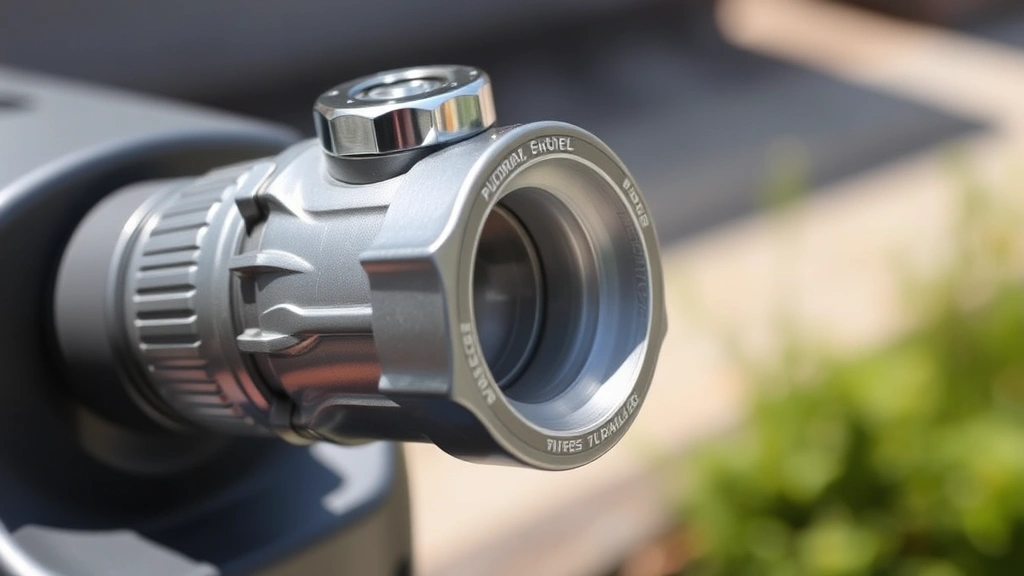 Close-up of a precision-engineered automatic shutoff gas can spout mechanism with sealed valve system, metallic and plastic components visible, modern design aesthetic, outdoor natural lighting