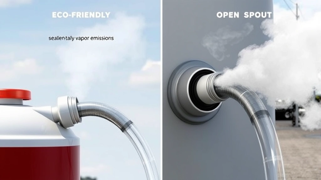 Comparison of fuel transfer showing eco-friendly sealed spout preventing vapor emissions versus traditional open spout with visible vapor clouds, environmental impact visualization, realistic demonstration