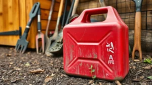 Close-up of a well-maintained red metal gas can sitting on dry ground next to a wooden storage shed, showing weathered but intact surface with clear safety markings, surrounded by garden tools and natural outdoor storage environment