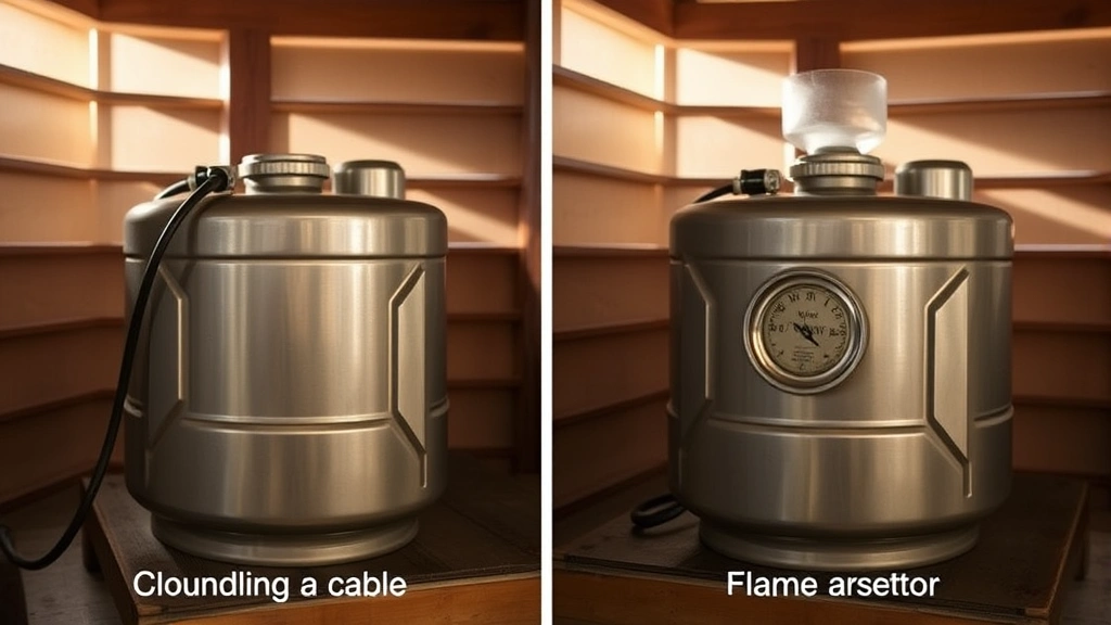 Side-by-side comparison of metal fuel container with proper grounding cable attached and clear flame arrestor visible, positioned in a ventilated storage area with natural light filtering through wooden slats, emphasizing safety infrastructure