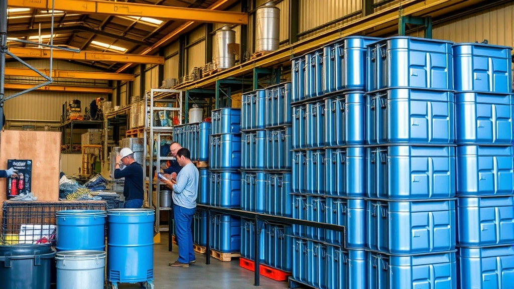 Recycling facility showing stacked metal containers being processed, with workers handling materials in industrial setting, demonstrating metal container lifecycle and circular economy principles in action