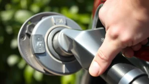 Close-up of a pristine metallic gas cap being twisted onto a vehicle's fuel door in bright daylight, showing the seal mechanism and rubber gasket, with blurred green foliage background emphasizing eco-friendly driving