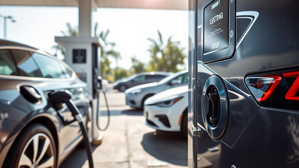 Modern fuel pump station scene with electric and traditional vehicles, emphasizing sustainable transportation choices, showing a properly sealed fuel door with intact gas cap, bright natural lighting