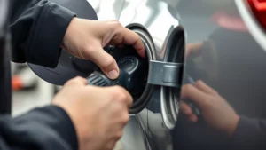 Mechanic's hands tightening a fuel cap on a vehicle fuel door opening, close-up detail shot showing proper hand positioning and pressure, natural lighting in auto repair shop
