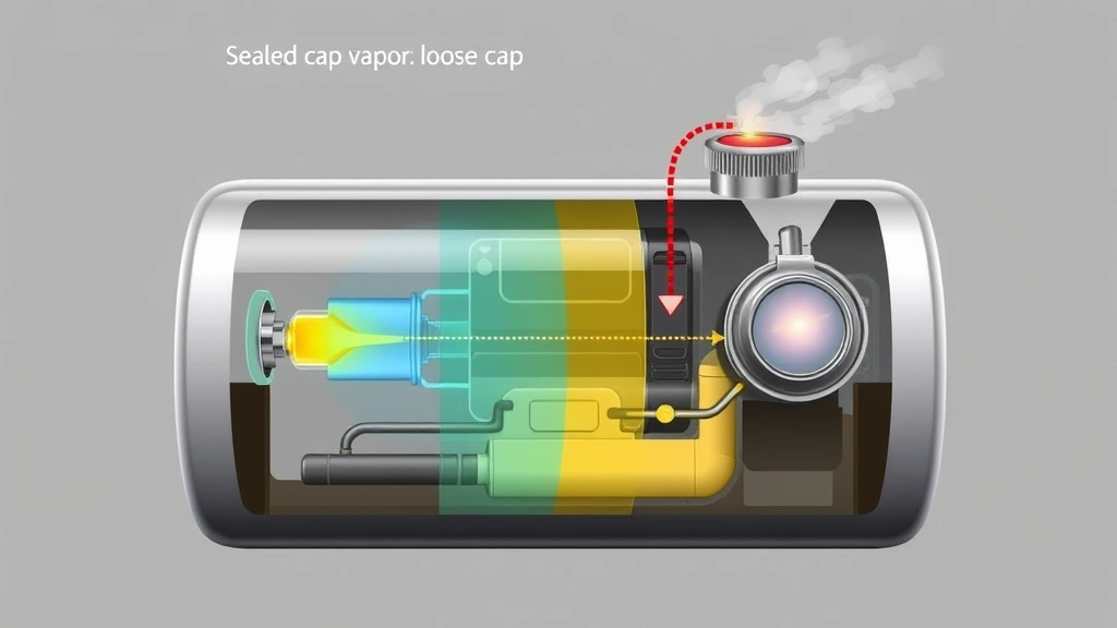 Cross-section diagram visualization of fuel tank vapor recovery system with sealed cap versus loose cap, showing pressure differential and vapor escape, technical but photorealistic rendering