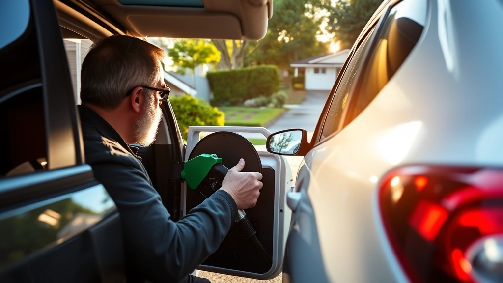 Wide shot of eco-conscious driver checking vehicle fuel door and cap during routine maintenance inspection, morning sunlight, residential driveway setting with green landscaping