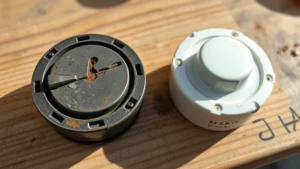 Close-up view of a damaged gas cap with visible cracks next to a pristine replacement cap on a wooden workbench, natural lighting highlighting the contrast between worn and new components, environmental sustainability context