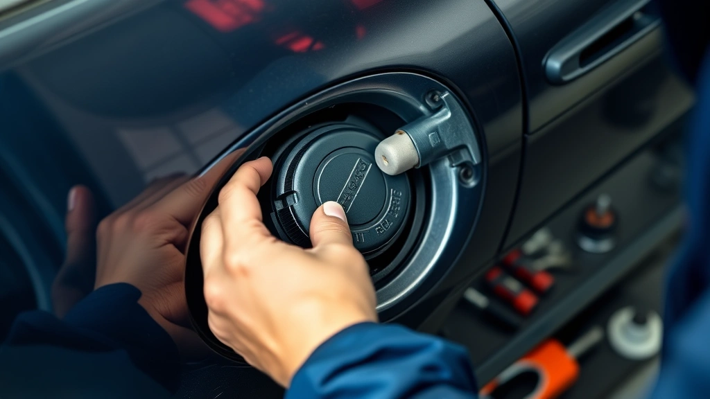 Mechanic's hands installing a new gas cap onto a vehicle's fuel door during routine maintenance, showing proper installation technique with tools nearby, professional automotive service environment