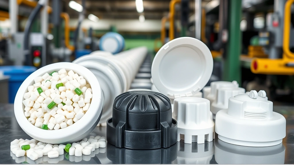 Recycled plastic pellets and raw sustainable materials transforming into finished automotive gas cap components in a manufacturing facility, showing eco-friendly production process without visible text or labels