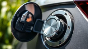 Close-up of a high-quality metallic locking gas cap mounted on a modern vehicle's fuel door, showing the secure sealing mechanism and durable construction in natural daylight with green foliage blurred in background