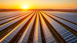 Modern solar panel array in vast field during golden hour sunlight, clean rows stretching to horizon, photorealistic landscape photography