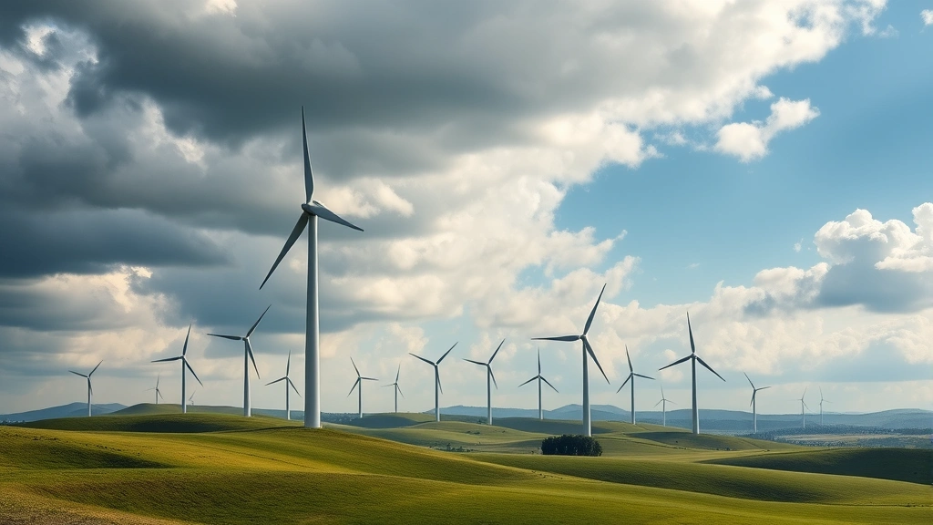 Large utility-scale wind turbines on rolling hills with dramatic cloudy sky, multiple turbines visible in landscape, high-quality environmental photography