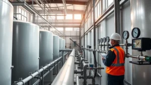 Modern water treatment facility with large cylindrical storage tanks and monitoring equipment, natural daylight streaming through industrial windows, technicians in safety gear inspecting pipes and gauges