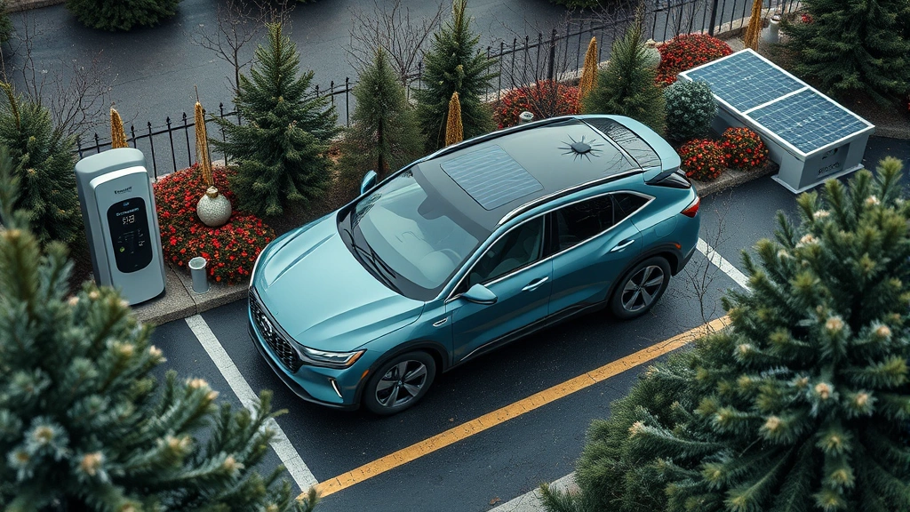 Aerial view of a modern hybrid car parked at a solar-powered charging station surrounded by evergreen trees and holiday decorations, photorealistic landscape photography