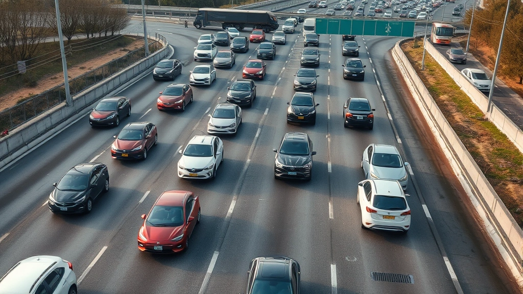 Busy highway with mix of electric vehicles, hybrids, and conventional cars during holiday season, overhead shot showing traffic flow and diverse vehicle types