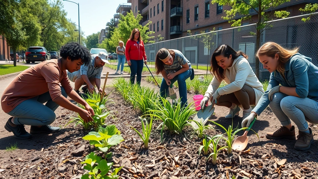 Diverse community members planting native plants in urban green space, sunny day, mulch and tools visible, collaborative atmosphere, photorealistic documentary style