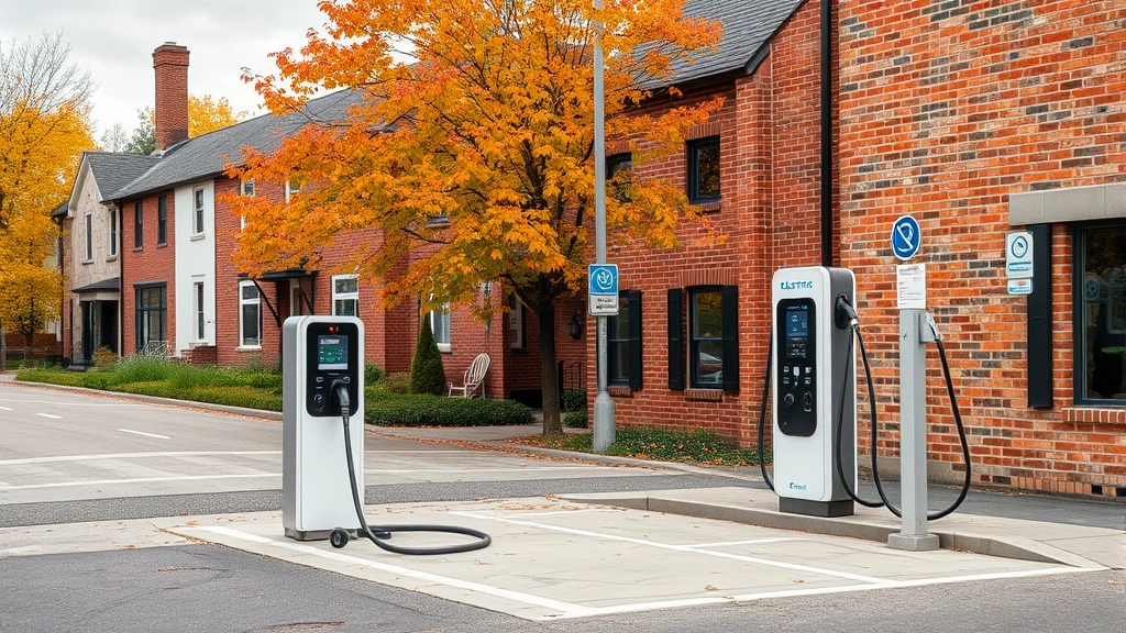 Electric vehicle charging station in small town setting with brick buildings and autumn foliage, clean modern infrastructure, daytime, photorealistic