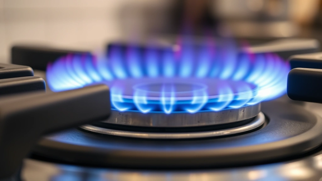 Close-up of a gas cooktop burner with a bright blue flame showing complete combustion, professional kitchen setting, natural lighting highlighting the flame color clearly
