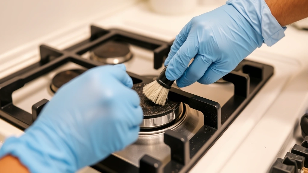 Hands wearing latex gloves cleaning a gas burner head with a small brush, showing dust and debris removal, detailed view of burner ports, clean kitchen environment