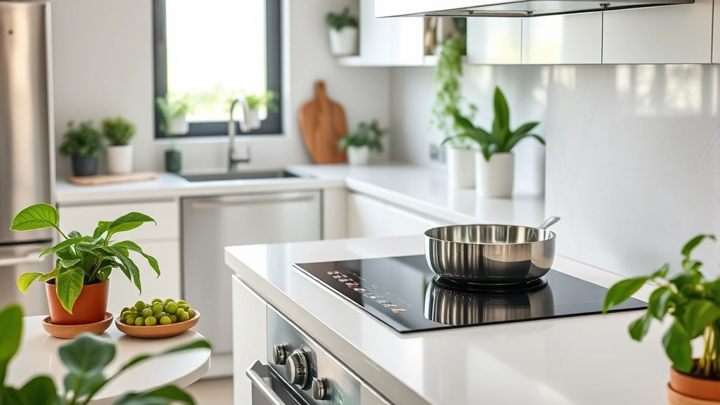 Modern induction cooktop in a sustainable eco-friendly kitchen with green plants, stainless steel appliances, natural light from window, showing alternative cooking technology