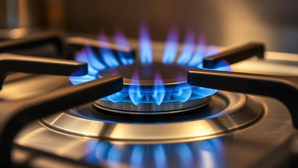 Professional gas cooker burner with blue flames igniting, close-up view of clean burner ports, stainless steel cooktop surface, warm kitchen lighting, photorealistic detail